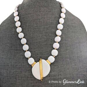 Vintage Napier Modernist White Geometric Pendant Lucite Bead Gold Tone Necklace